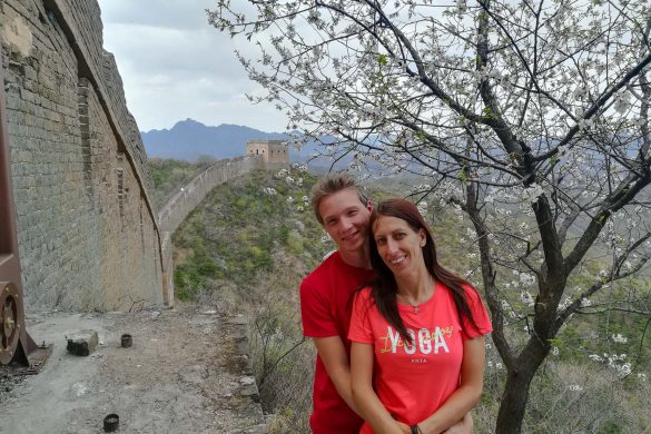 Ein Abschlussfoto vor der chinesischen Mauer neben einen blühenden Kirschbaum, bevor wir den Abstieg antreten