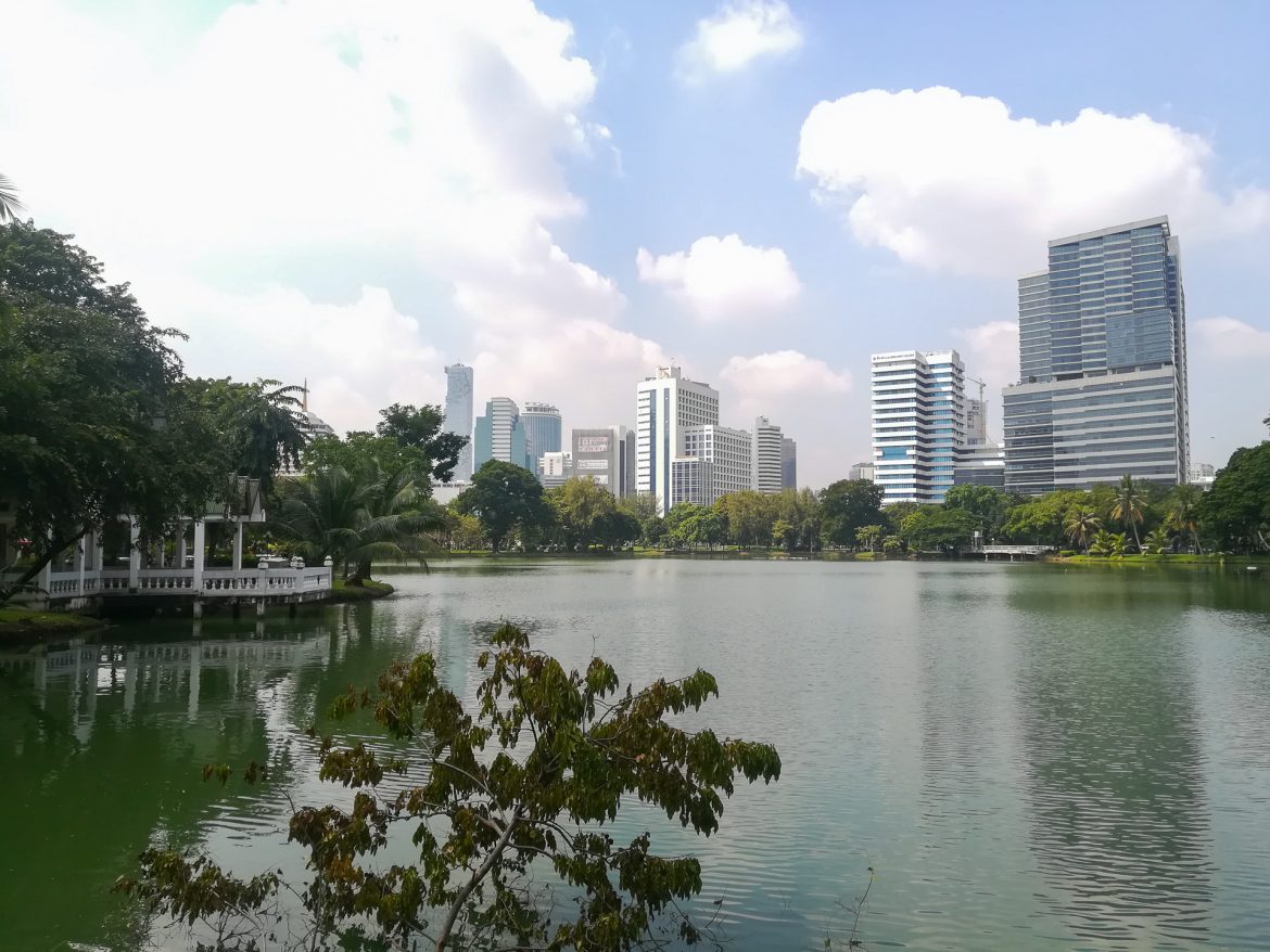 Der Blick über den See des Lumpini Parks mit den Hochhäusern von Bangkok im Hintegrund