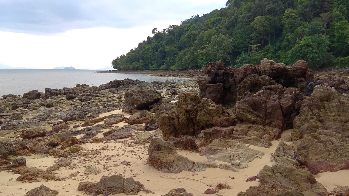 Braune Felsen sind auf dem Aow Ko-Kyu vorherschend. Sie liegen am ganzen Strand mit dem bewölkten Himmen im Hintergrund