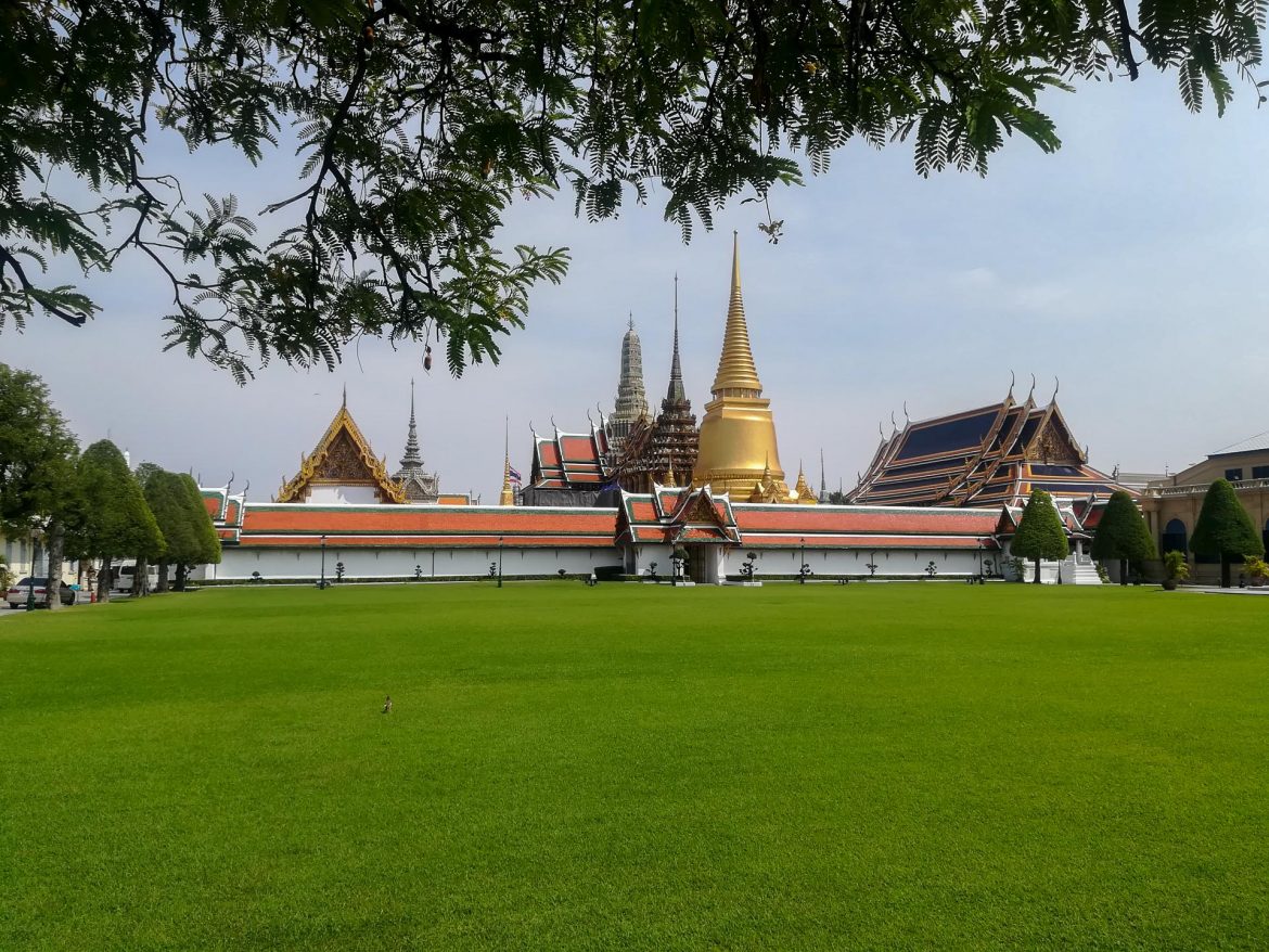 Der Königspalast von Bangkok, hinter seinen Mauern, mit einer sehr gepflegten, grünen Wiese und den Blättern eines Baumes im Vordergurnd