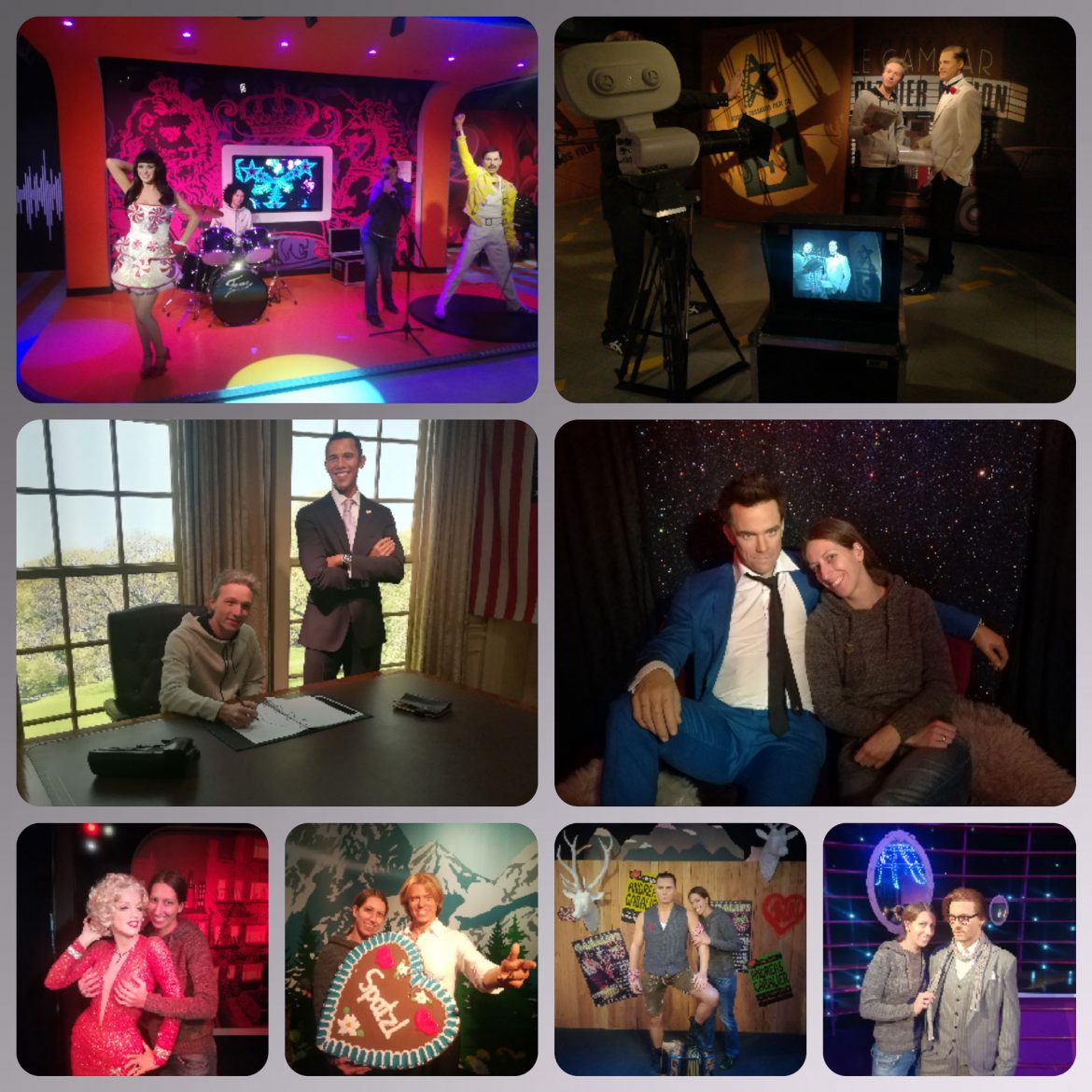 Mehrere Bilder mit mir und Anita wie wir neben Berühmtheiten aus Wachs in Madame Tussauds in Wien stehen.