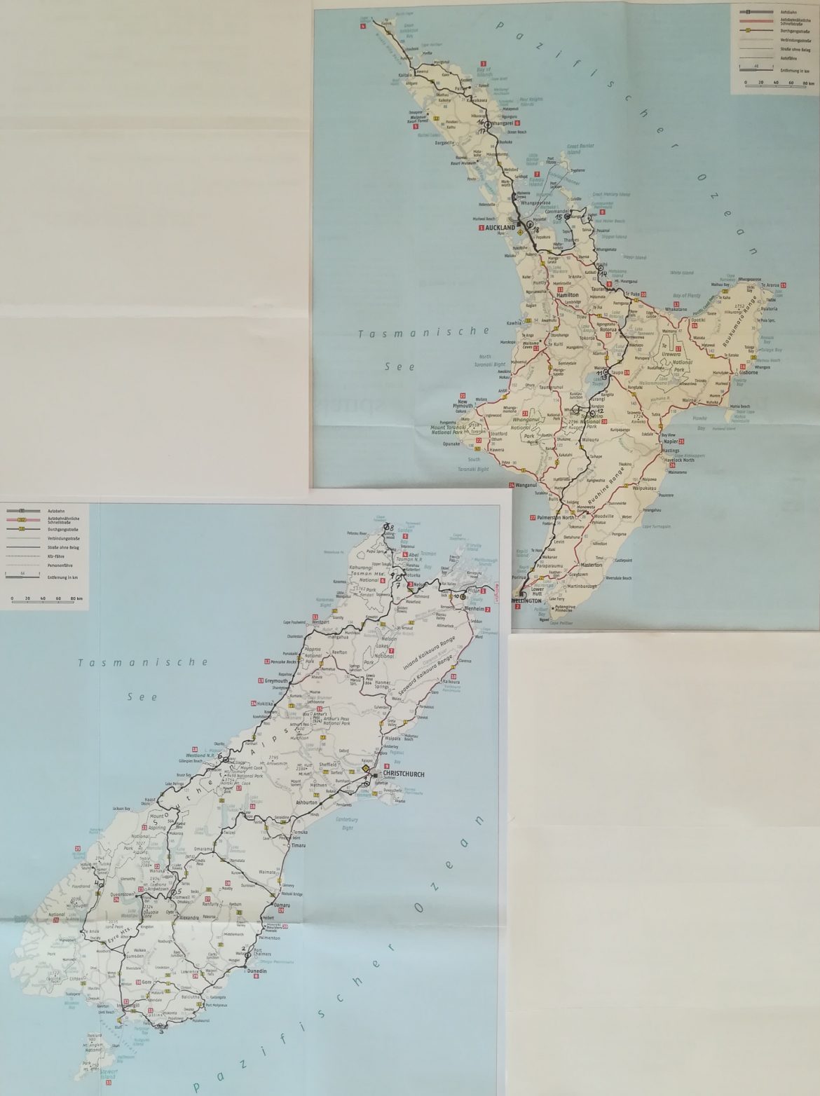 Auf zwei Karte ist die Route zu sehen, die wir bei unserer Reise nach Neuseeland gefahren sind.