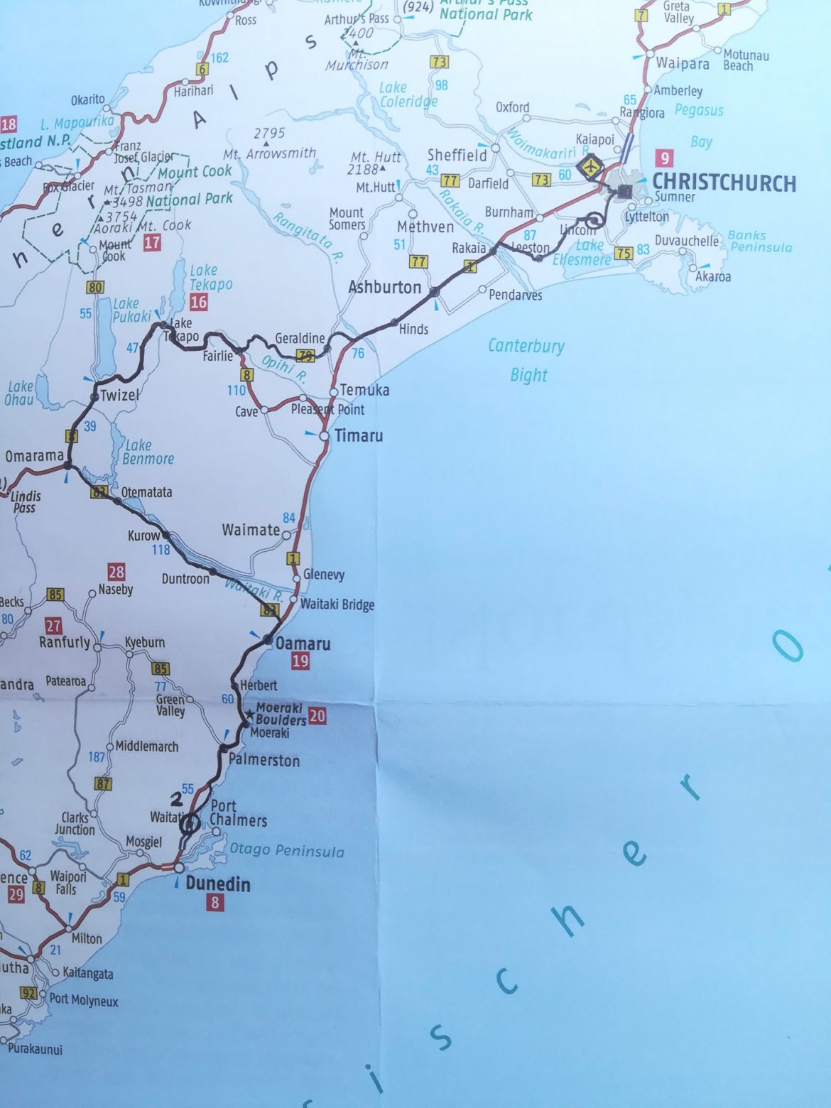 Eine Karte von Neuseeland mit unserer Route die bis kurz vor Dunedin führt.