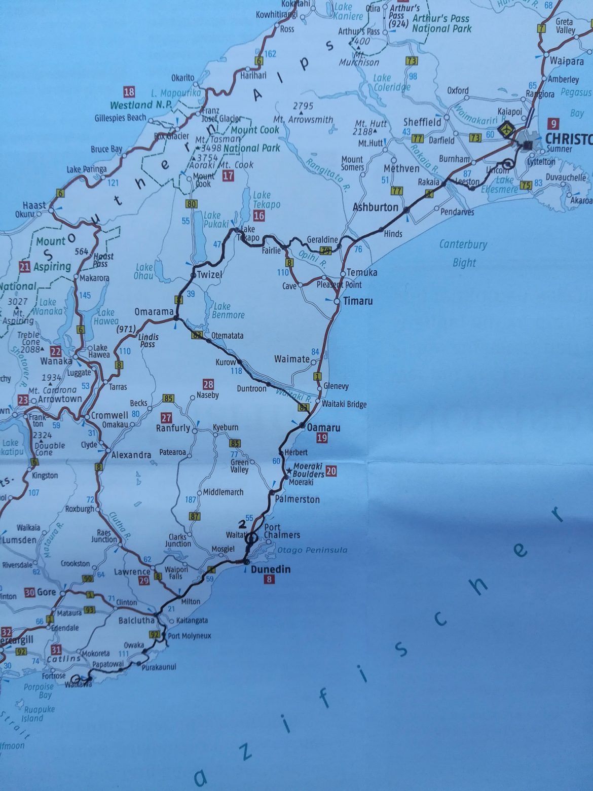 Eine Karte von Neuseeland mit unserer Route die bis in die Catlins führt