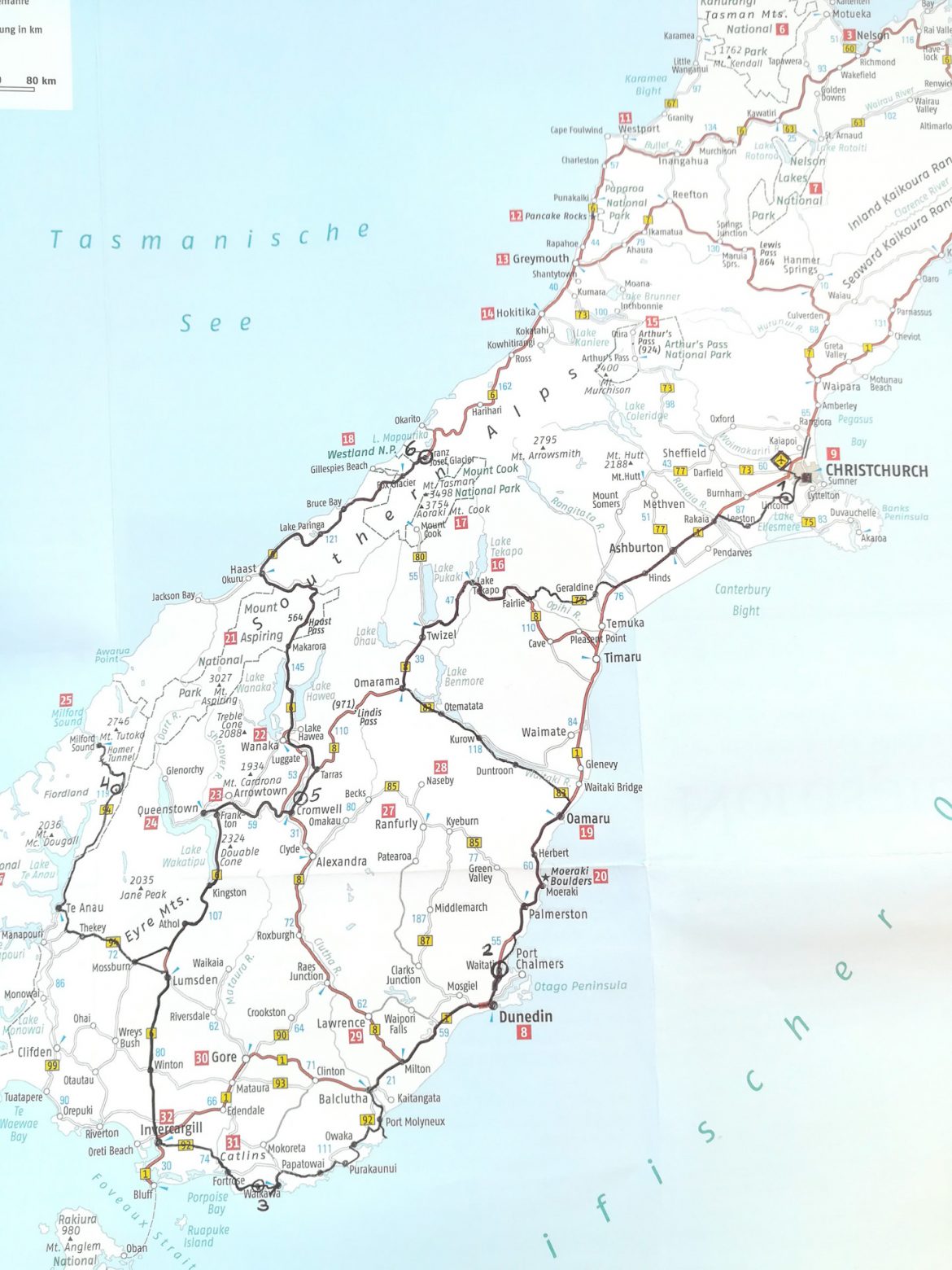 Eine Karte von Neuseeland mit unserer Route die bis zum Franz Josef Gletscher führt.