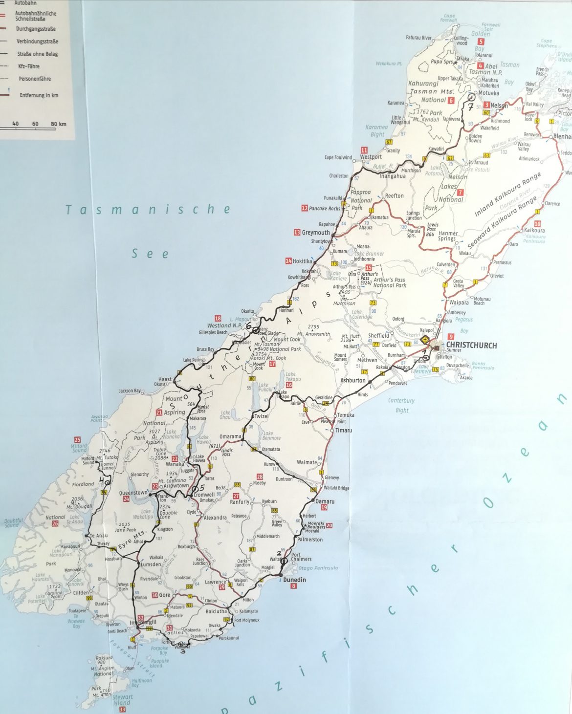 Eine Karte von Neuseeland mit unserer Route die bis nach Motueka führt.
