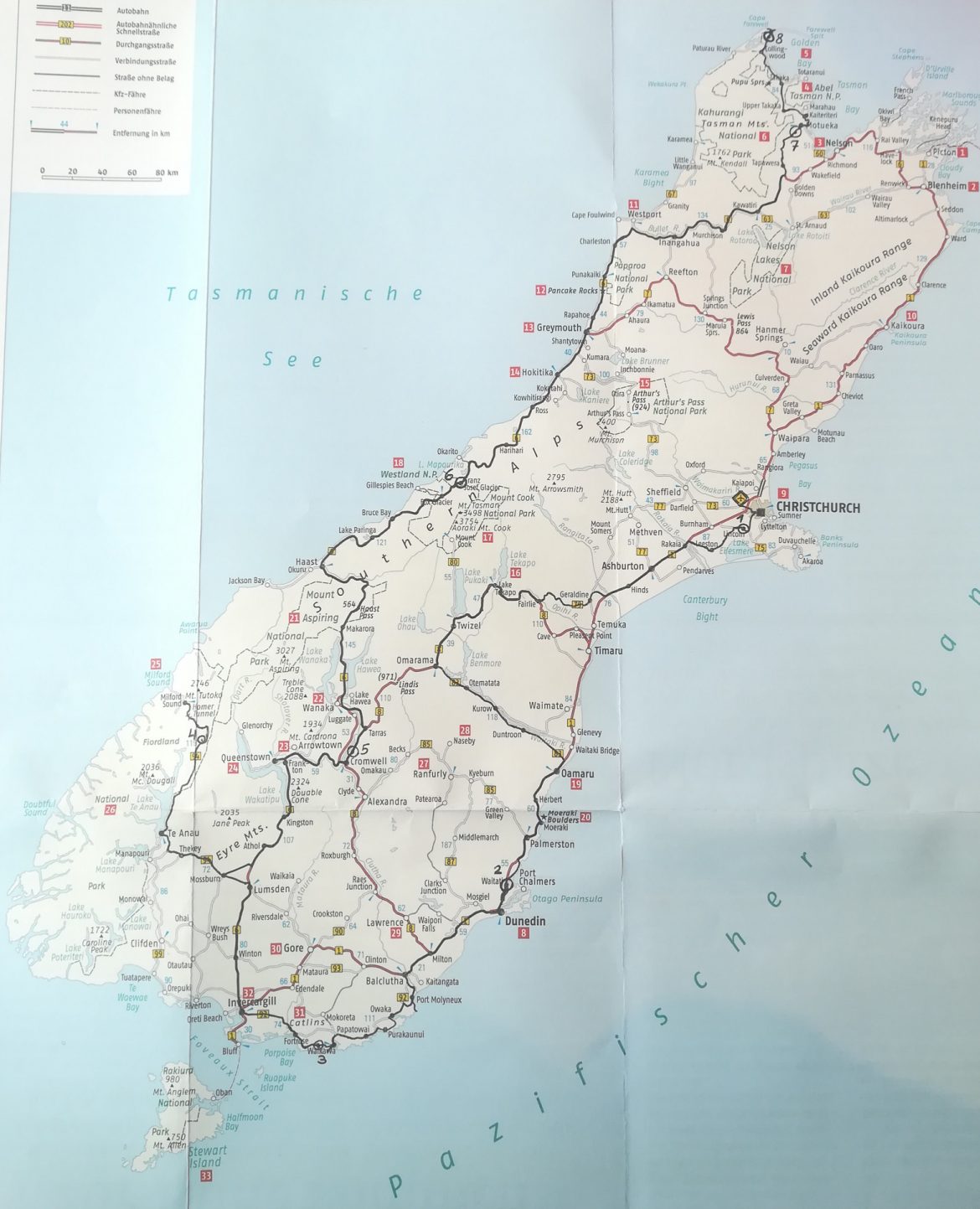 Eine Karte von Neuseeland mit unserer Route die bis in die golden Bay führt.