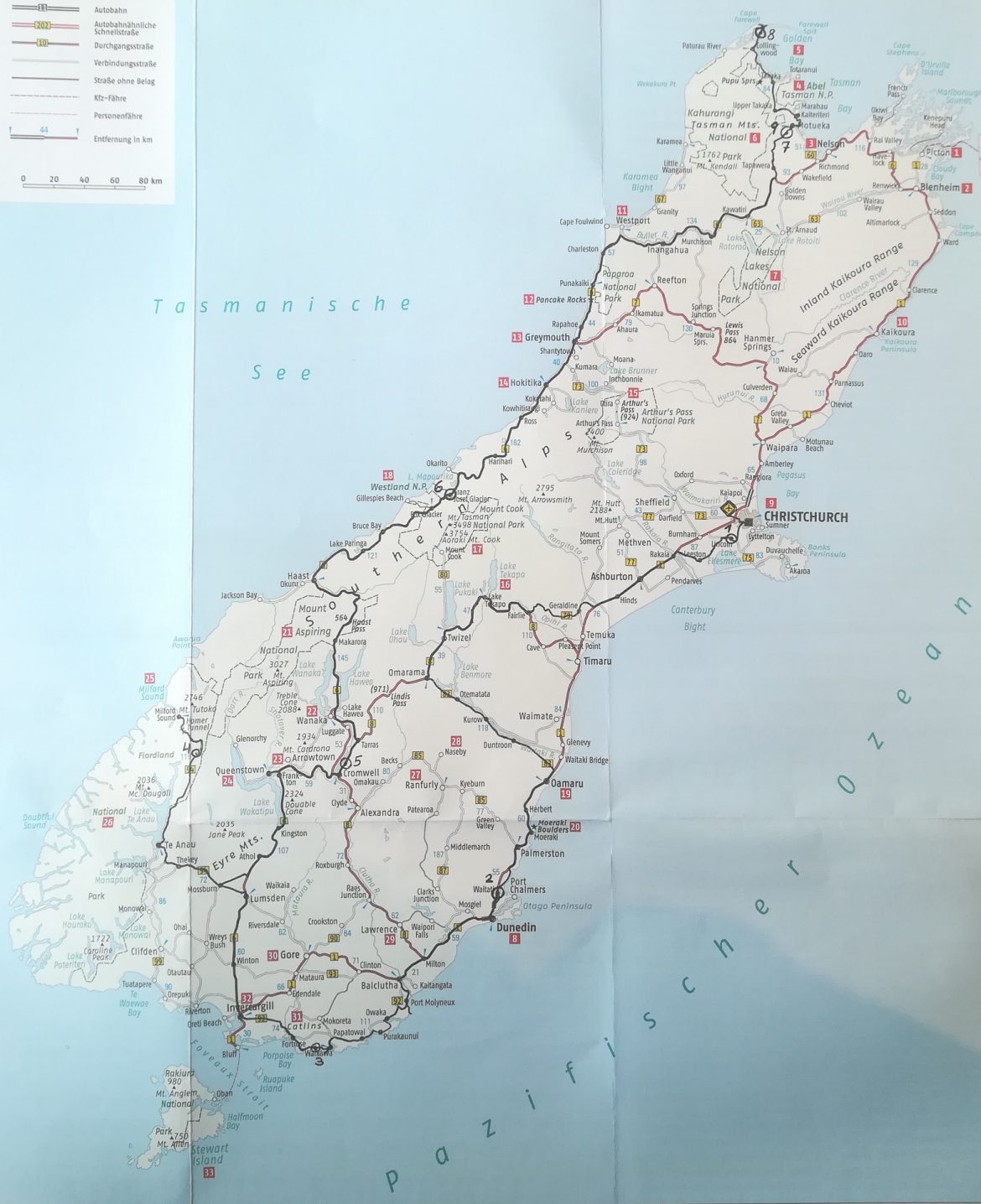 Eine Karte von Neuseeland mit unserer Route die bis in die golden Bay und wieder zurück nach Motueka führt.