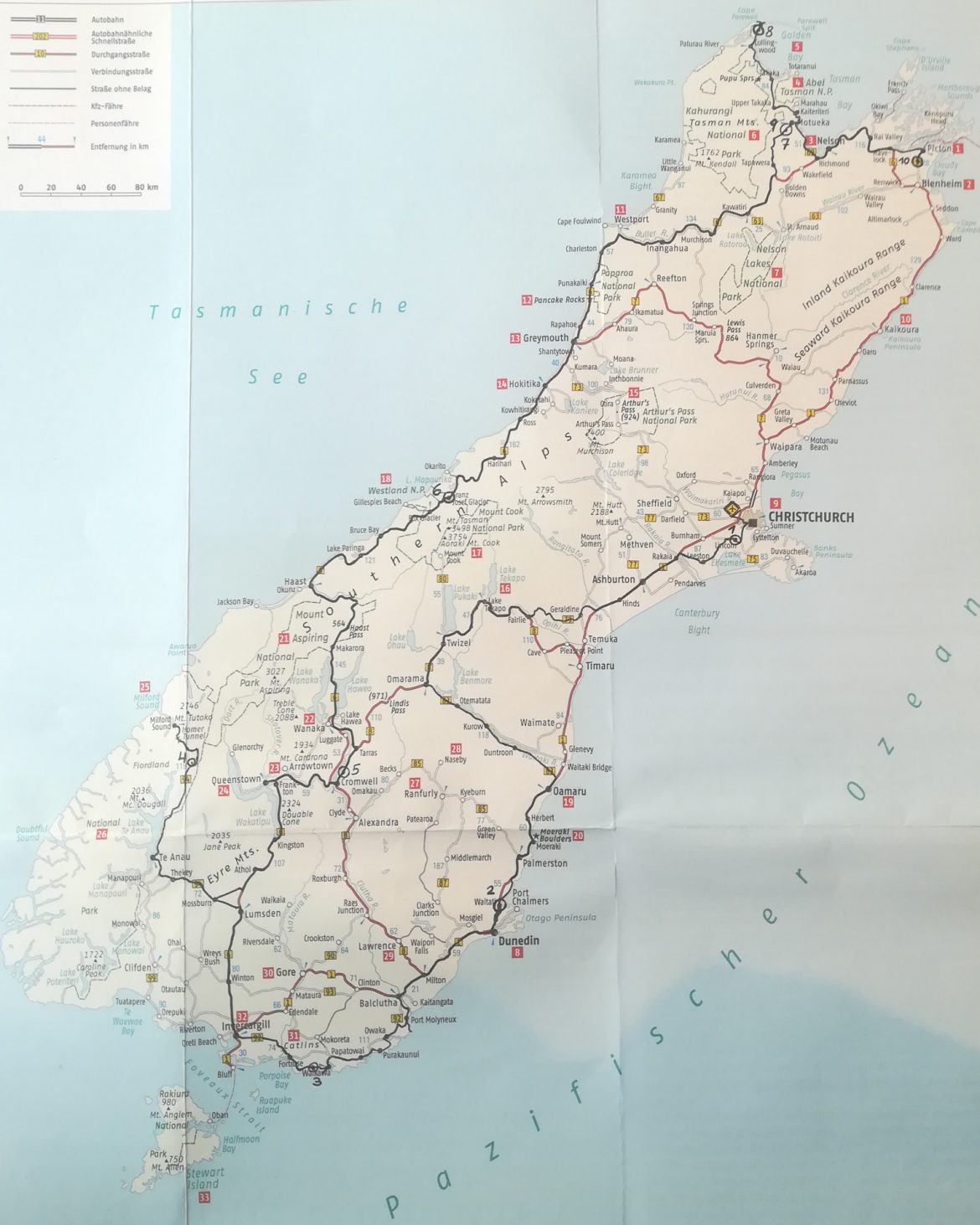 Eine Karte von Neuseeland mit unserer Route die bis Picton führt, dem letzten Stopp auf der Südinsel.
