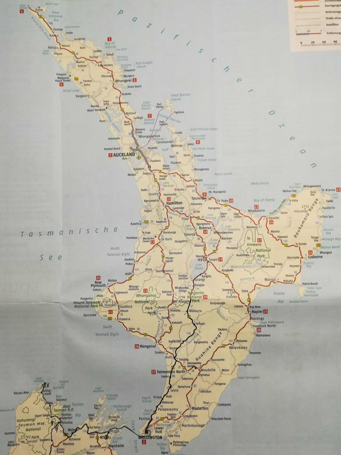 Eine Karte von Neuseeland mit unserer Route die nach unserer Überfahrt bis nach Taupe führt.