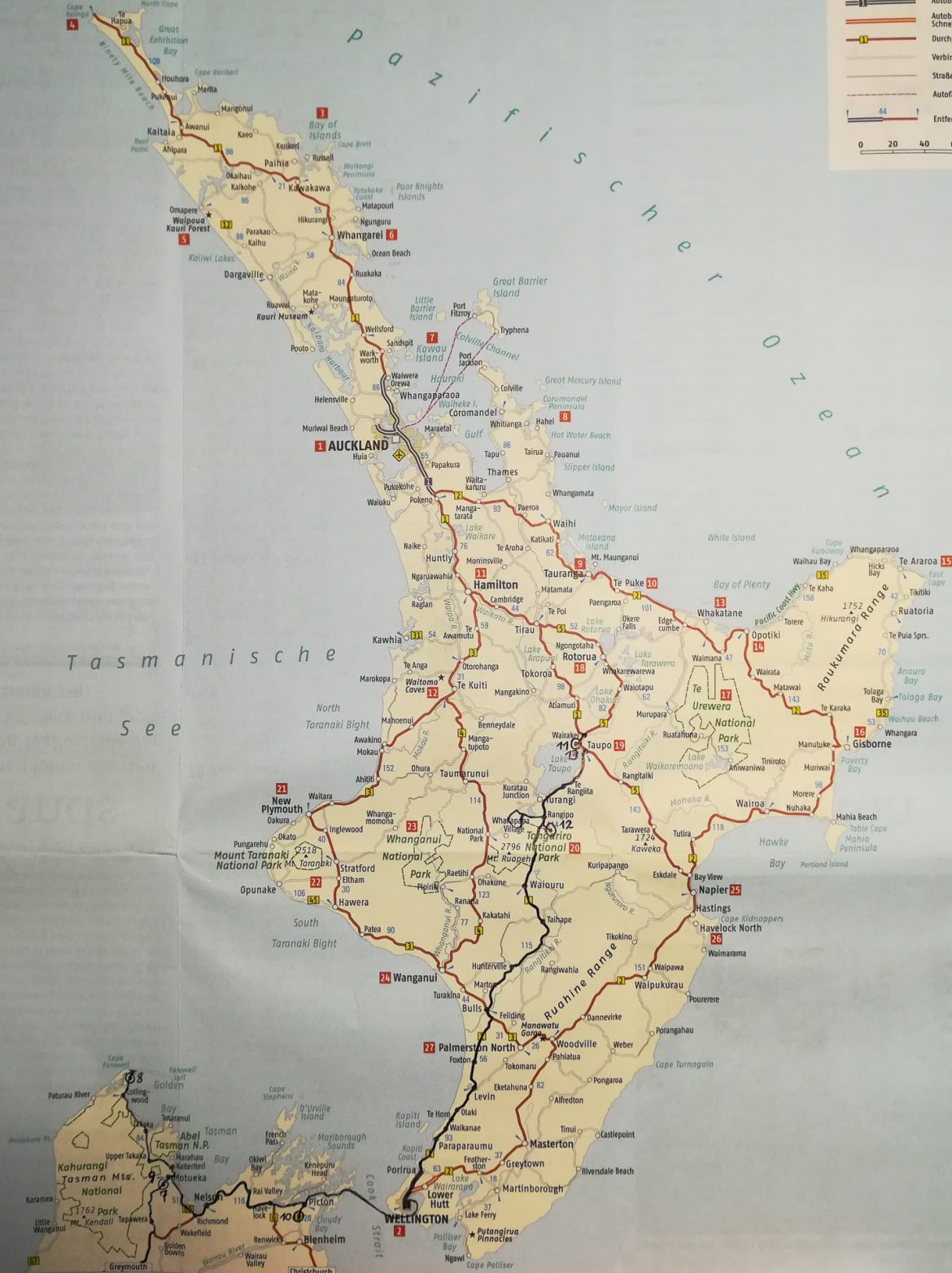 Eine Karte von Neuseeland mit unserer Route die nach dem Tongariro Crossing wieder nach Taupo führt.