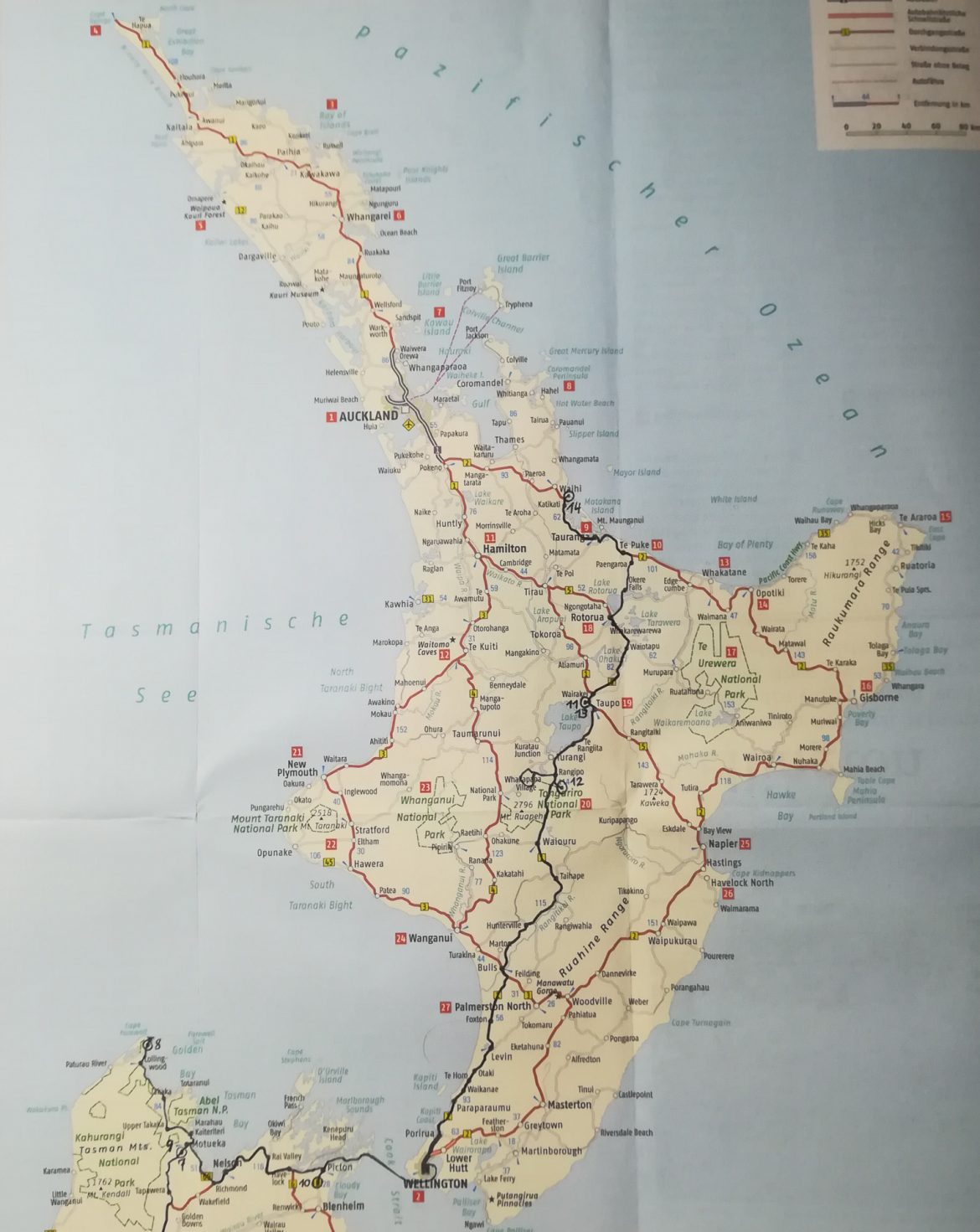Eine Karte von Neuseeland mit unserer Route die nun bis nach Waihi führt.