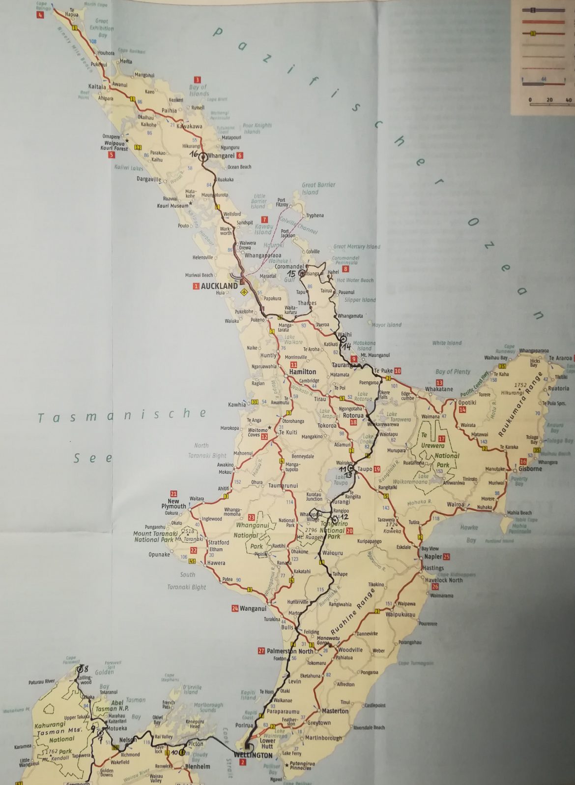 Eine Karte von Neuseeland mit unserer Route die nun bis nach Auckland führt.