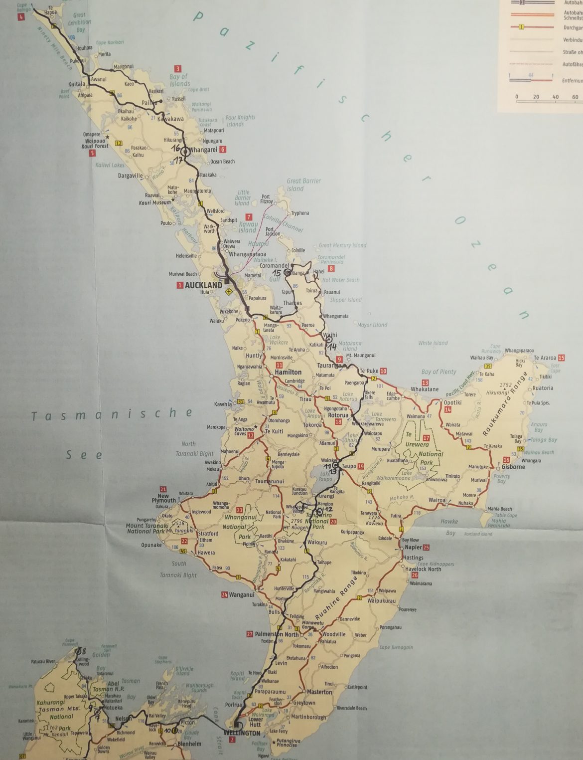 Eine Karte von Neuseeland mit unserer Route die nun bis nach Cape Reinga führt.