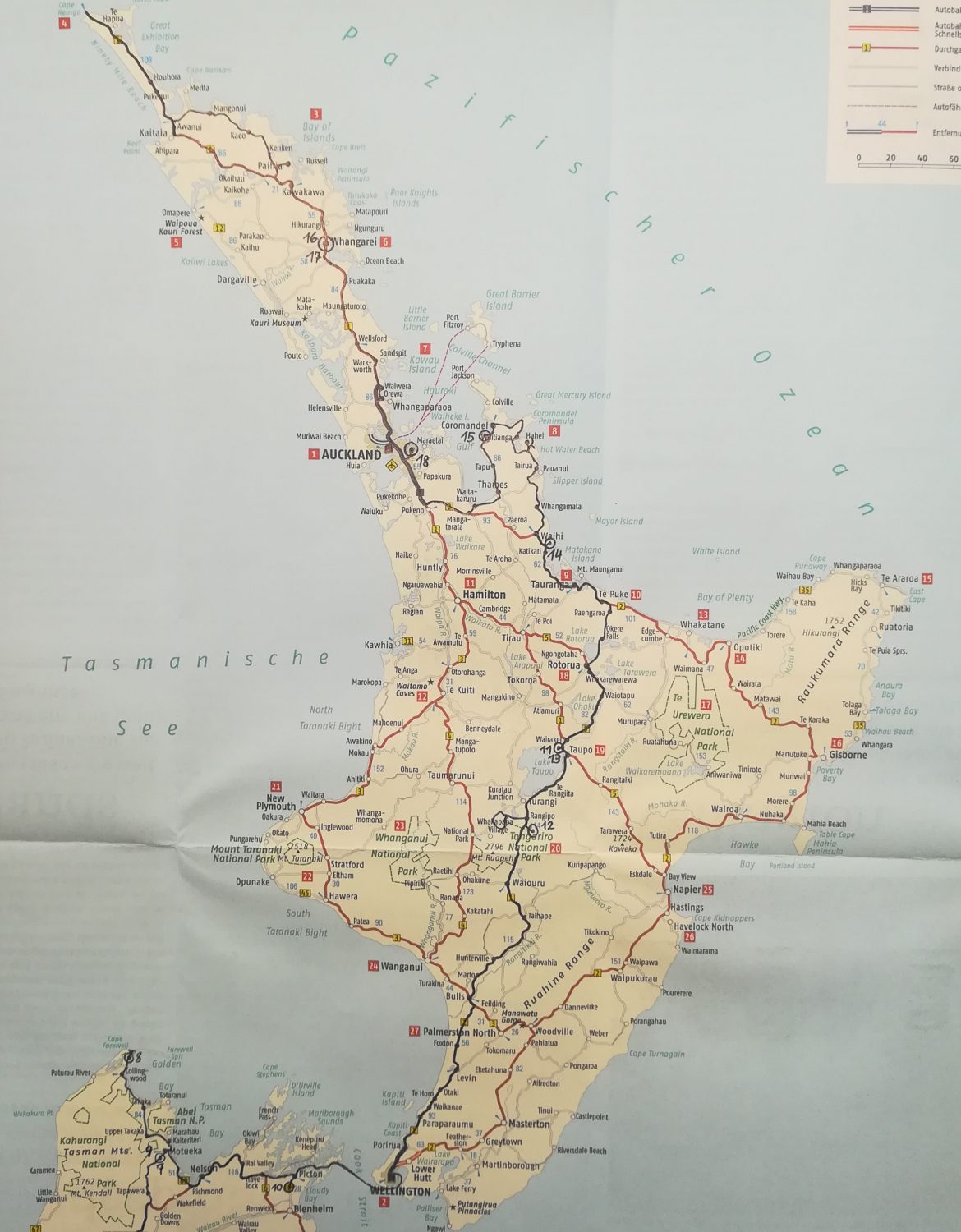 Eine Karte von Neuseeland mit unserer Route die nun bis nach Cape Reinga führt.